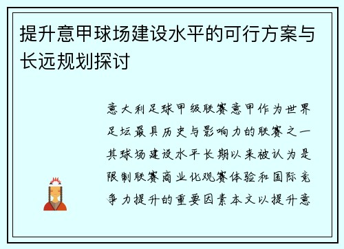 提升意甲球场建设水平的可行方案与长远规划探讨