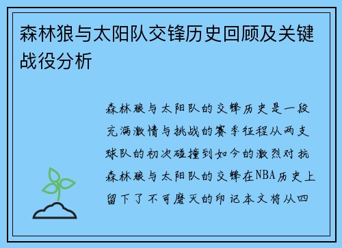 森林狼与太阳队交锋历史回顾及关键战役分析